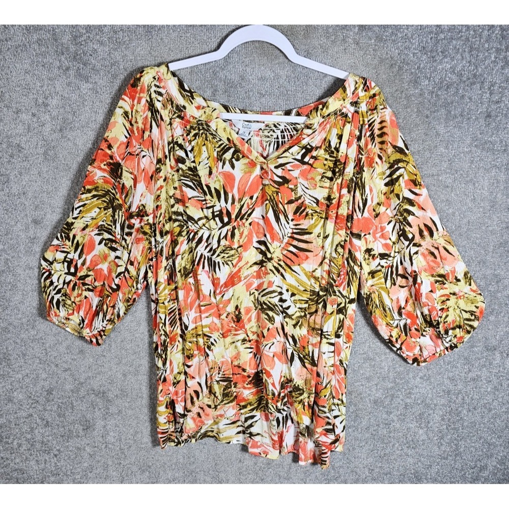 Croft & Barrow Crinkle Top Womens Sz 2X Tropical Floral Vneck 3/4 Sleeve Coastal